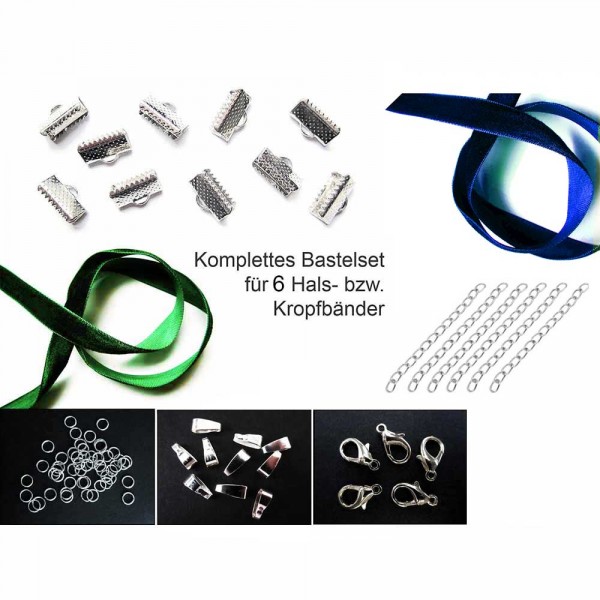 Bastelset für 15mm Halsband mit blauem und grünem Samtband - Schmuck Bastelset - Leisure-Beads DIY