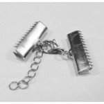 1x 20mm Edelstahl Bandklemme Verschluss mit Karabiner und Kette silberfarben - Schmuckzubehör