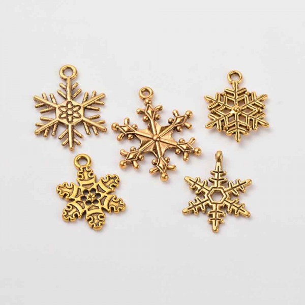 5x Schneeflocke 17-28mm goldfarben Weihnachts Anhänger - Schmuckzubehör Weihnachten - Leisure-Beads DIY