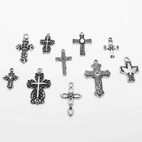 Leisure-Beads - 10 silberfarbene Kreuz Anhänger 20-35mm im Mix - Schmuckzubehör