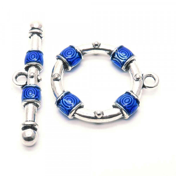 1x blau silberfarbener Knebelverschluss Ringteil 29x25mm Toggle - Schmuckzubehör Schmuckverschluss - Leisure-Beads DIY