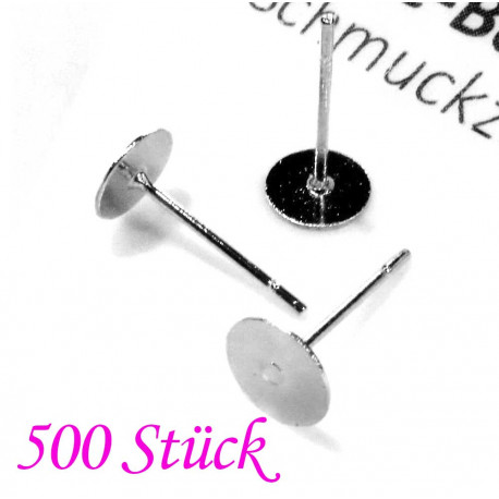 Leisure-Beads - 500x silberfarbene Ohrstecker 6mm zum Bekleben mit Stopper - Schmuckzubehör Ohrringe