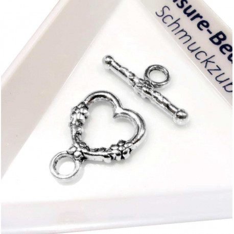 Leisure-Beads - 1x silberfarben Herz Knebelverschluss 18x14mm Ringteil Stab 20x2mm Toggle Stabverschluss - Schmuckubehör