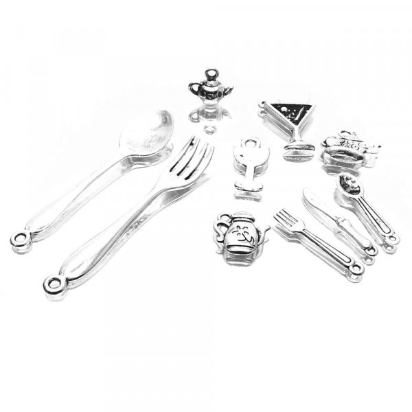 10 silberfarbene Anhänger 11-55mm Besteck und Geschirr im Mix Schmuckanhänger - Schmuckzubehör - Leisure-Beads DIY