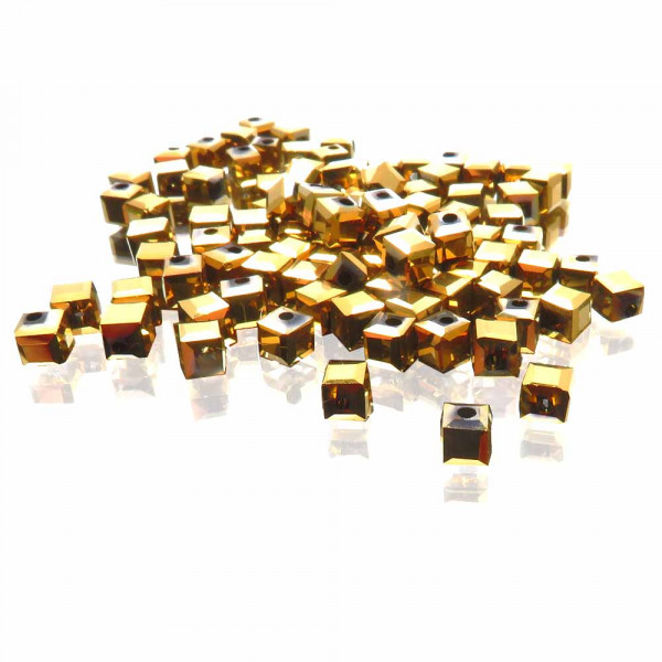 100x goldfarbene 3x3mm Glas Würfel Perlen mit geschliffener Kante - Glasschmuck Schmuckzubehör - Leisure-Beads DIY