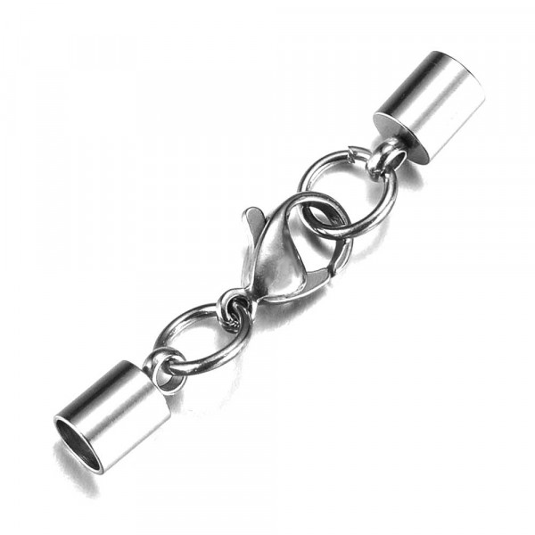 1x Edelstahl Einklebverschluss Innen 4mm 37x7mm Endkappe 8,5x3mm mit Karabiner - Schmuckzubehör Endkappe - Leisure-Beads DIY