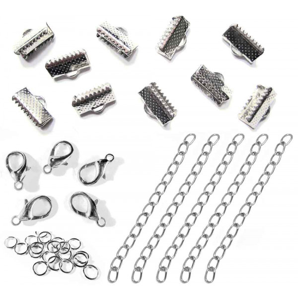 10 silberfarbene Bandklemmen 13mm mit Verschluss + Kettchen Schmuckzubehör Set - Leisure-Beads DIY
