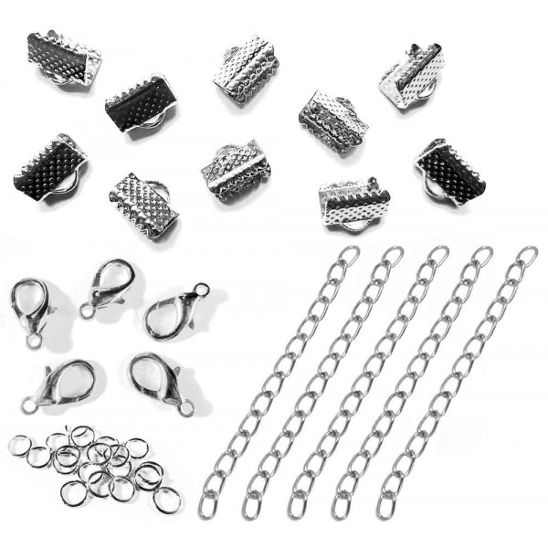 10 silberfarbene Bandklemmen 10mm mit Verschluss + Kettchen - Schmuckzubehör Set - Leisure-Beads DIY