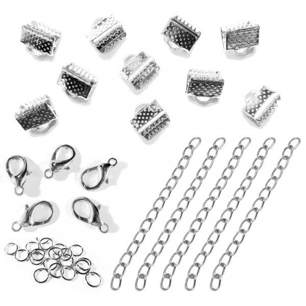 10 silberfarbene Bandklemmen Set 8mm mit Kettchen - Schmuckzubehör Set - Leisure-Beads DIY