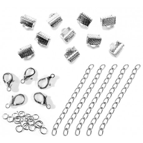 Leisure-Beads - 10 silberfarbene Bandklemmen Set 6mm mit Kettchen - Schmuckzubehör Set