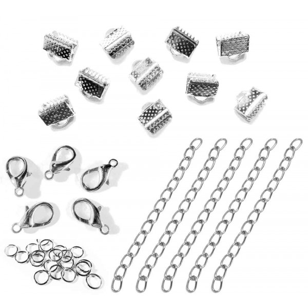 10 silberfarbene Bandklemmen Set 6mm mit Kettchen - Schmuckzubehör Set - Leisure-Beads DIY