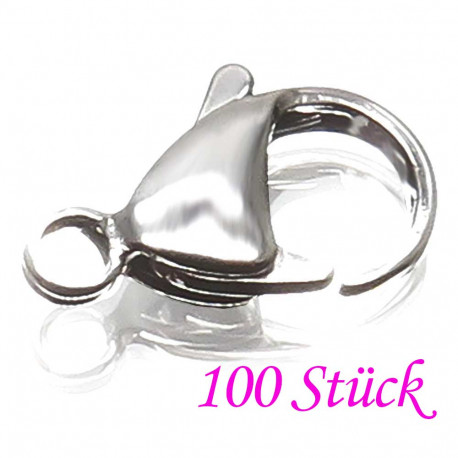 Leisure-Beads - 100x Edelstahl Karabinerhaken 15mm silberfarben Verschluss - Schmuckzubehör