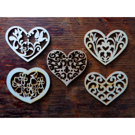 Leisure-Beads - 5x Holz Herzen 48-56mm im Mix Klebsteine / Streudeko - Bastelbedarf Weihnachten