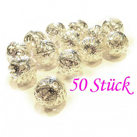 Leisure-Beads - 50x hellsilberfarben Metallperlen 12mm filigrane Kugel Spacer - Schmuckzubehör