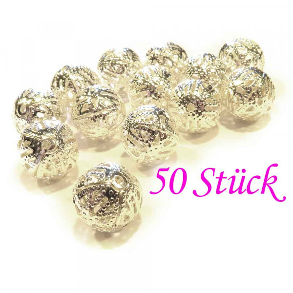 50x hellsilberfarben Metallperlen 12mm filigrane Kugel Spacer - Schmuckzubehör - Leisure-Beads DIY