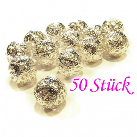 Leisure-Beads - 50x silberfarben Metallperlen 12mm filigrane Kugel Spacer - Schmuckzubehör