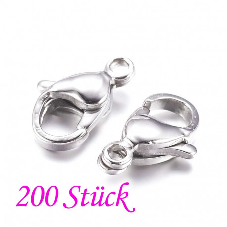 Leisure-Beads - 200x Edelstahl 316 Karabinerhaken 12mm glatter silberfarben Verschluss - Schmuckzubehör