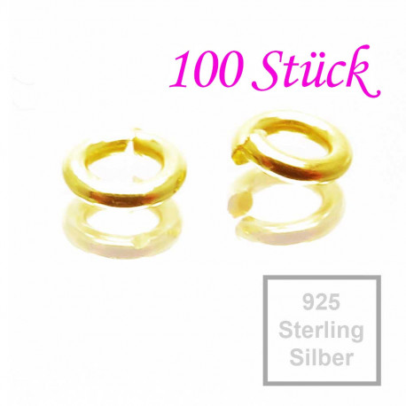 Leisure-Beads - 100x 925er Biegeringe 3mm x 0,6mm vergoldet Sterling Silber Binderinge - Schmuckzubehör Biegering