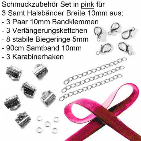 Leisure-Beads - Halsband Set 10mm mit pink Samtband und silberfarben - Schmuckzubehör