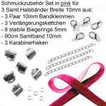 Halsband Set 10mm mit pink Samtband und silberfarben - Schmuckzubehör
