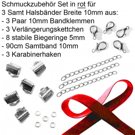 Leisure-Beads - Halsband Set 10mm mit rotem Samtband und silberfarben - Schmuckzubehör
