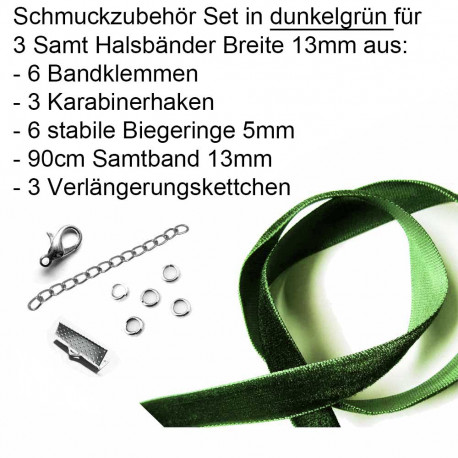 Leisure-Beads - Dunkelgrünes Halsband Set 13mm mit Samtband, Verschluss und Kettchen - Schmuckzubehör Set