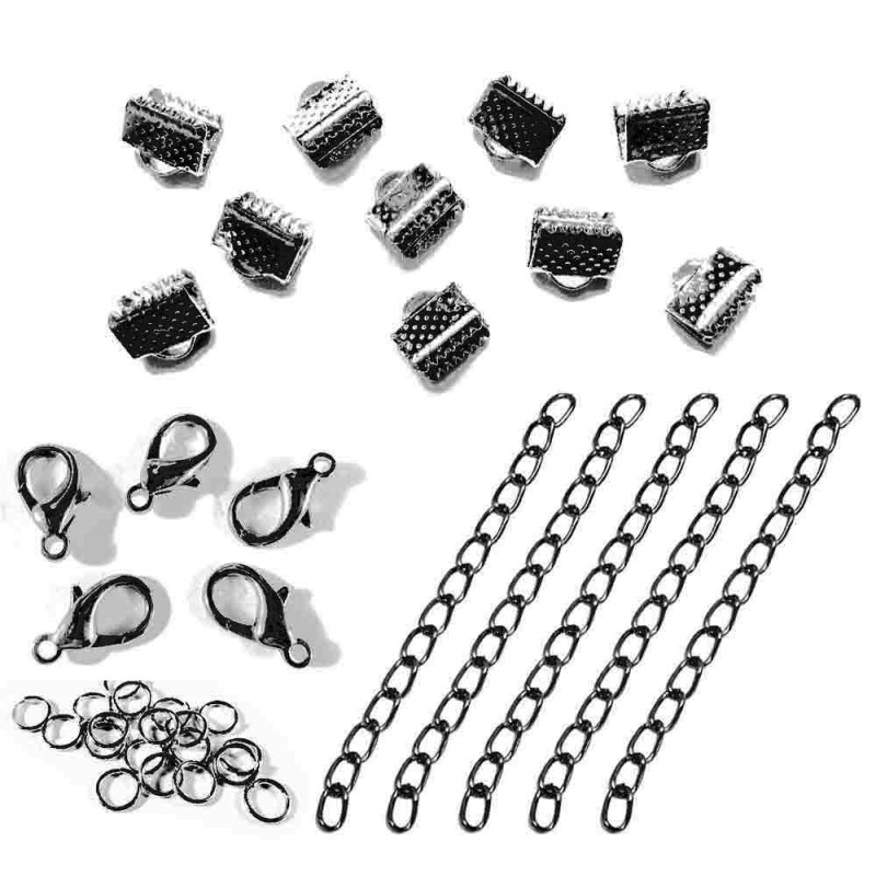 10 gunmetal Bandklemmen 6mm + Karabiner + Biegeringe + Ketten Schmuckzubehör Set - Leisure-Beads DIY
