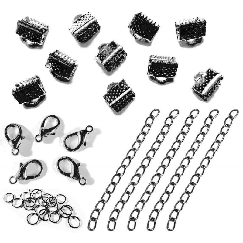 10 gunmetal Bandklemmen 8mm + Karabiner + Biegeringe + Ketten Schmuckzubehör Set - Leisure-Beads DIY