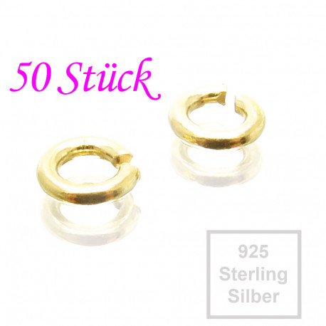 Leisure-Beads - 50x 925er Biegeringe 4mm x 0,85mm vergoldet Sterling Silber Binderinge - Schmuckzubehör Biegering