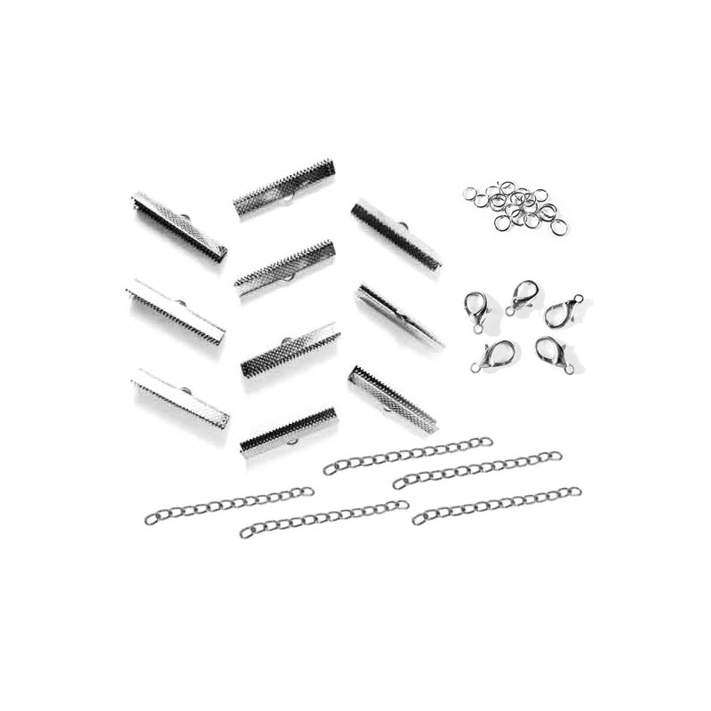 10 silberfarben Bandklemmen 30mm mit Kettchen - Schmuckzubehör Set - Leisure-Beads DIY