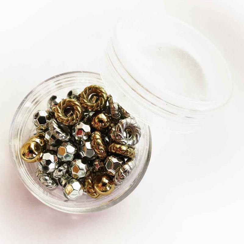 5g silberfarben und goldfarben Acryl Perlen und Ringe 4-8mm im Döschen - Acryl Schmuckzubehör - Leisure-Beads DIY