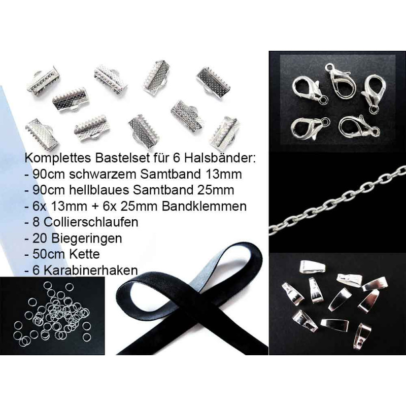 Bastelset für Halsband 13mm + 25mm Halsband mit Samtband und Verschlüssen - Schmuckzubehör - Leisure-Beads DIY