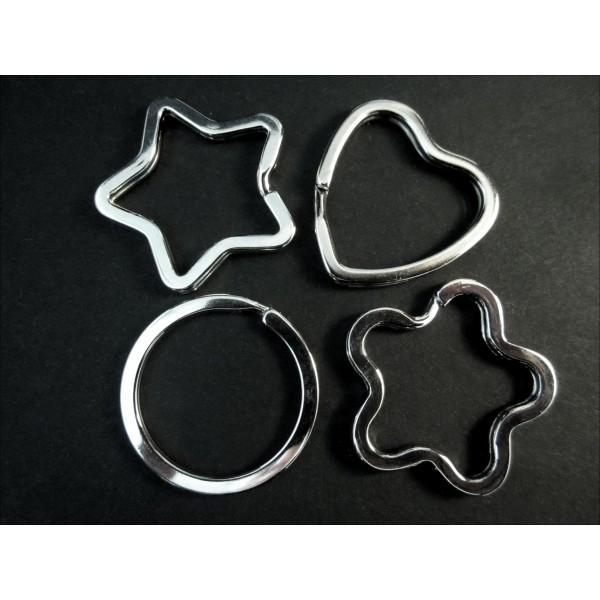 Schlüsselring 4er Set aus Stern + Herz + Blume + Ring silberfarben stabil und massiv - Schmuckzubehör - Leisure-Beads DIY