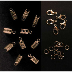 10 rosegoldfarben Endkappen 12x5mm + Karabiner + Biegeringe als Schmuckzubehör Set für Schmuckband - Schmuckzubehör Set