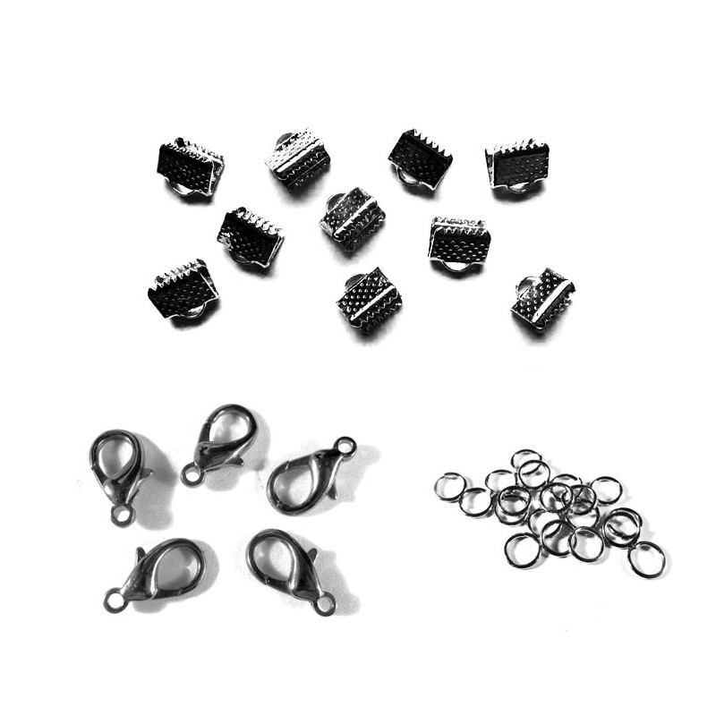 10 gunmetal Bandklemmen 6mm + Karabiner + Biegeringe - Schmuckzubehör Set - Leisure-Beads DIY