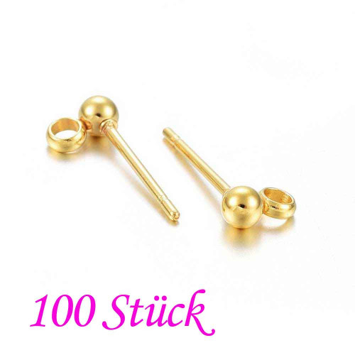 Leisure-Beads - 100x goldfarbene Edelstahl Kugel 3mm Ohrstecker mit Öse - Schmuckzubehör