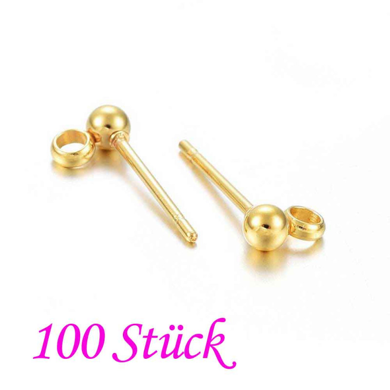 100x goldfarbene Edelstahl Kugel 3mm Ohrstecker mit Öse - Schmuckzubehör - Leisure-Beads DIY