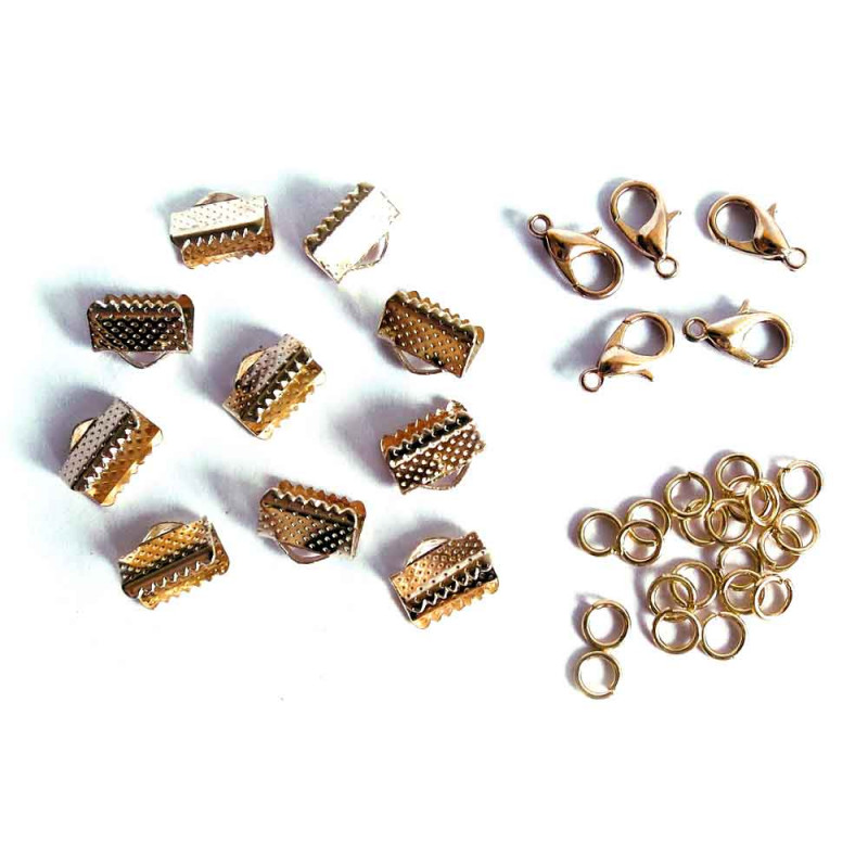 10 goldfarbene Bandklemmen 10mm + Karabiner + Biegeringe - Schmuckzubehör Set