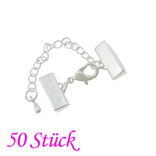 Leisure-Beads - 50x 13mm Bandklemme hellsilberfarben Verschluss mit Karabiner und Kette - Schmuckzubehör