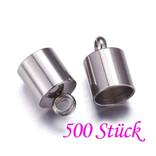 Leisure-Beads - 500x Edelstahl Endkappe Innen 7mm Größe 8x12,5mm zum Einkleben mit Öse - Schmuckzubehör Endkappe