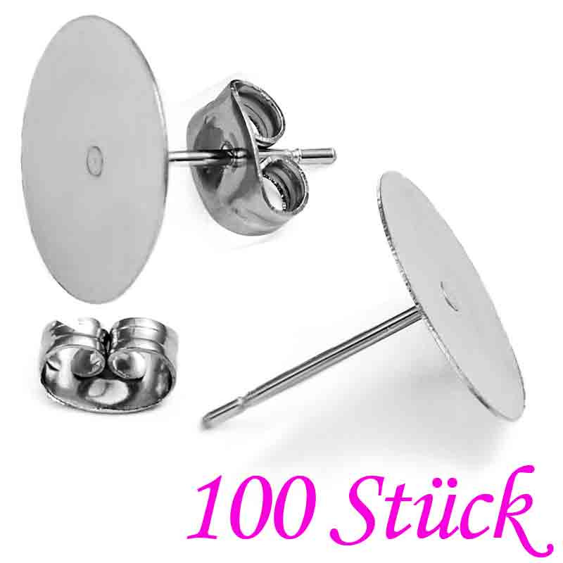 100x Edelstahl 12mm Ohrstecker zum Bekleben mit Ohrstoppern- Schmuckzubehör Ohrringe - Leisure-Beads DIY