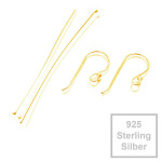 2x 925 Sterling Silber gold Ohrfedern 16x24mm + 50mm Nietstiften mit Stopper - Schmuckzubehör