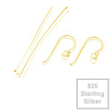 Bastelset 925 Sterling Silber gold Ohrfedern 16x24mm + 40mm Nietstiften mit Stopper - Schmuckzubehör