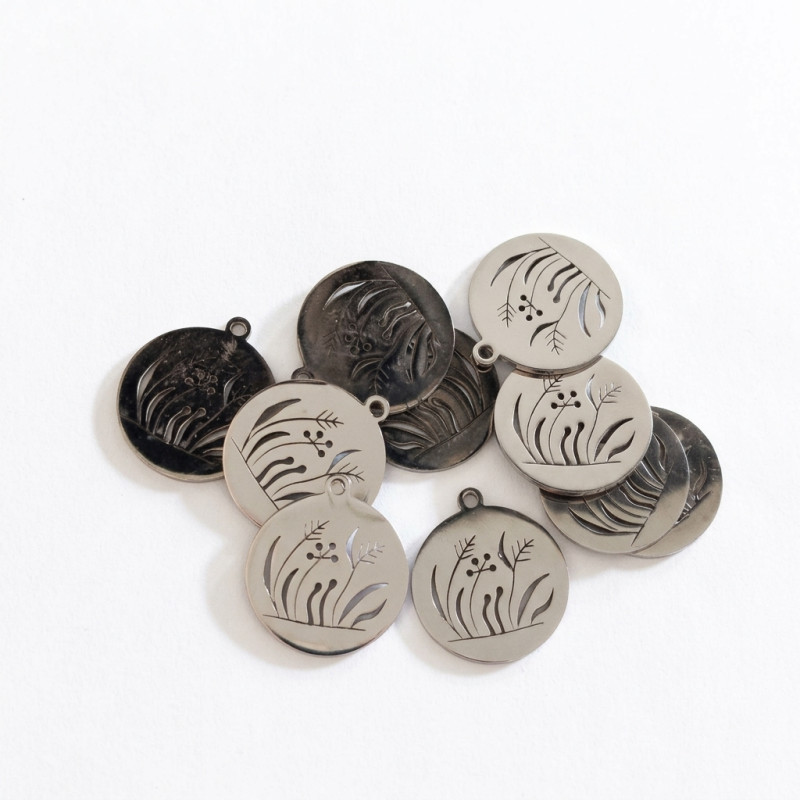1x silberfarbener Edelstahl Anhänger 20x18x1,1mm mit Gräsern - Schmuckzubehör