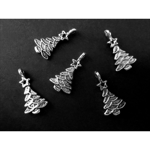 5x Weihnachtsbaum Anhänger 20x11mm X-Mas silberfarbener Schmuckanhänger - Schmuckzubehör Weihnachten - Leisure-Beads DIY