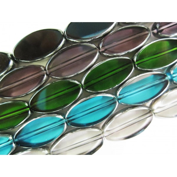 5 Stränge bunte Perlen 18mm oval mit Silberrahmen Glas - Schmuckzubehör