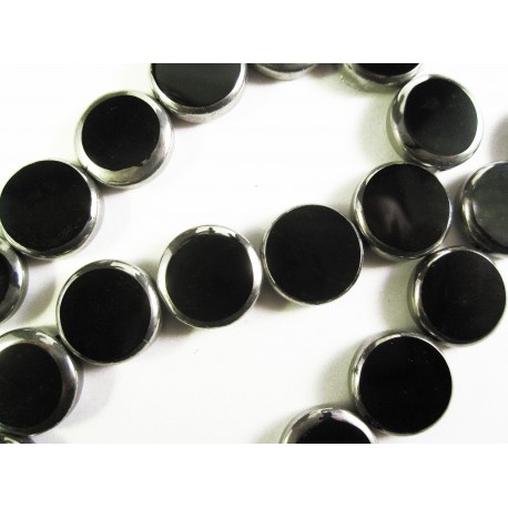 Leisure-Beads - 1 Strang schwarze Perlen 14mm II. Wahl rund mit Silberrahmen Glas - Schmuckzubehör