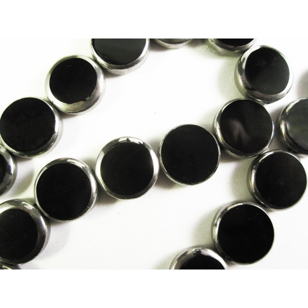 1 Strang schwarze Perlen 14mm II. Wahl rund mit Silberrahmen Glas - Schmuckzubehör - Leisure-Beads DIY