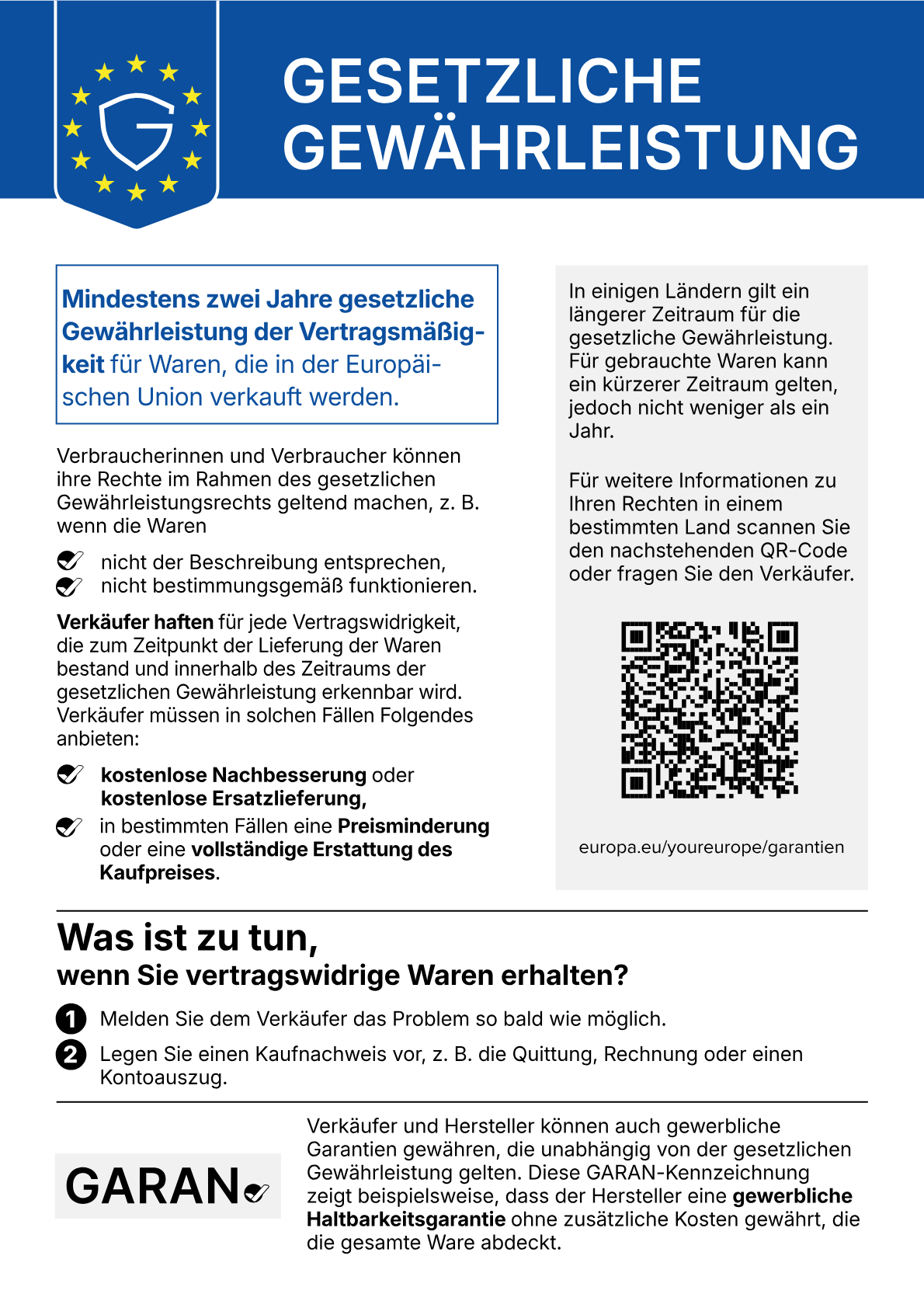 Gesetzliche Gewährleistung – mindestens zwei Jahre gesetzliche Gewährleistung der Vertragsmäßigkeit für Waren, die in der Europäischen Union verkauft werden