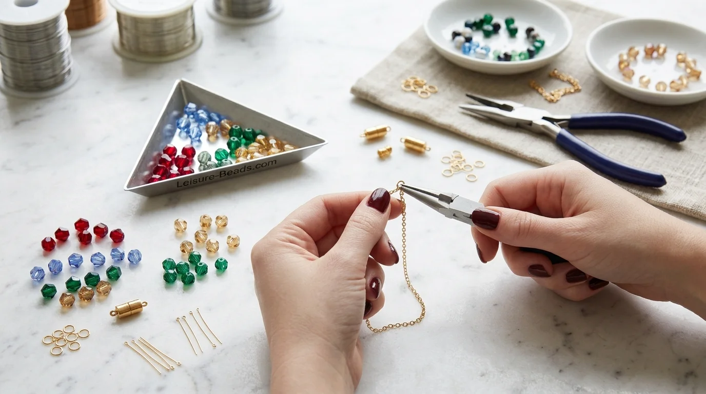 Schmuckzubehör zum Basteln: Gliederkette, Karabinerverschluss, Glasperlen und Flachzange von Leisure-Beads
